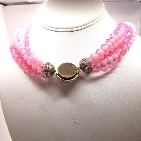 Vintage 1950s Pink Lucite Beaded Necklace 5 Strands Faceted & Opaque Beads - Picture 10 of 10